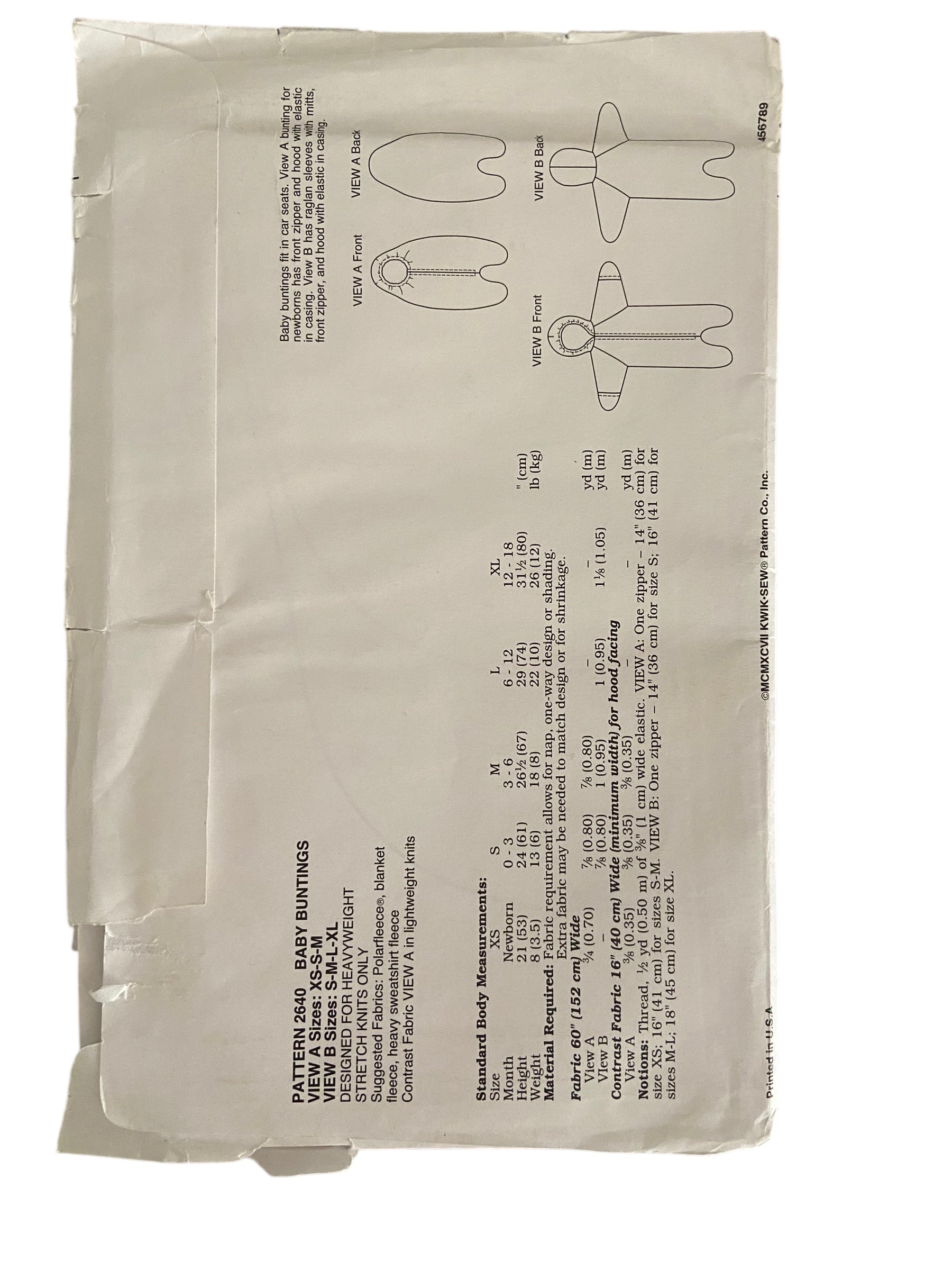 Kwik Sew baby buntings sewing pattern. Newborn to 18 months