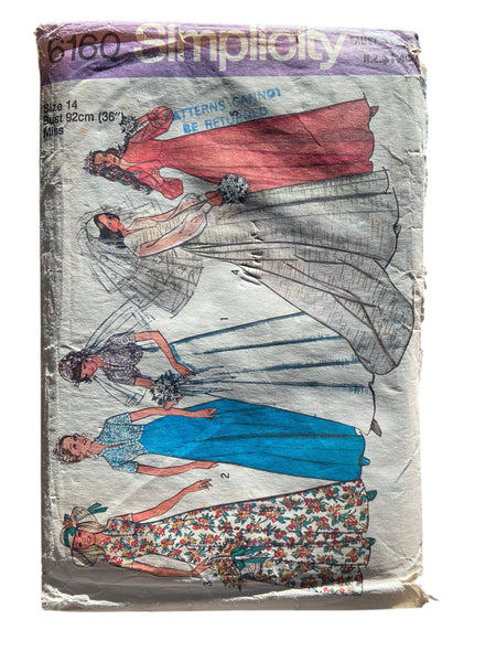 Simplicity 6160 vintage 1970s wedding gown and bridesmaid’s dress sewing pattern, bust 36 inches