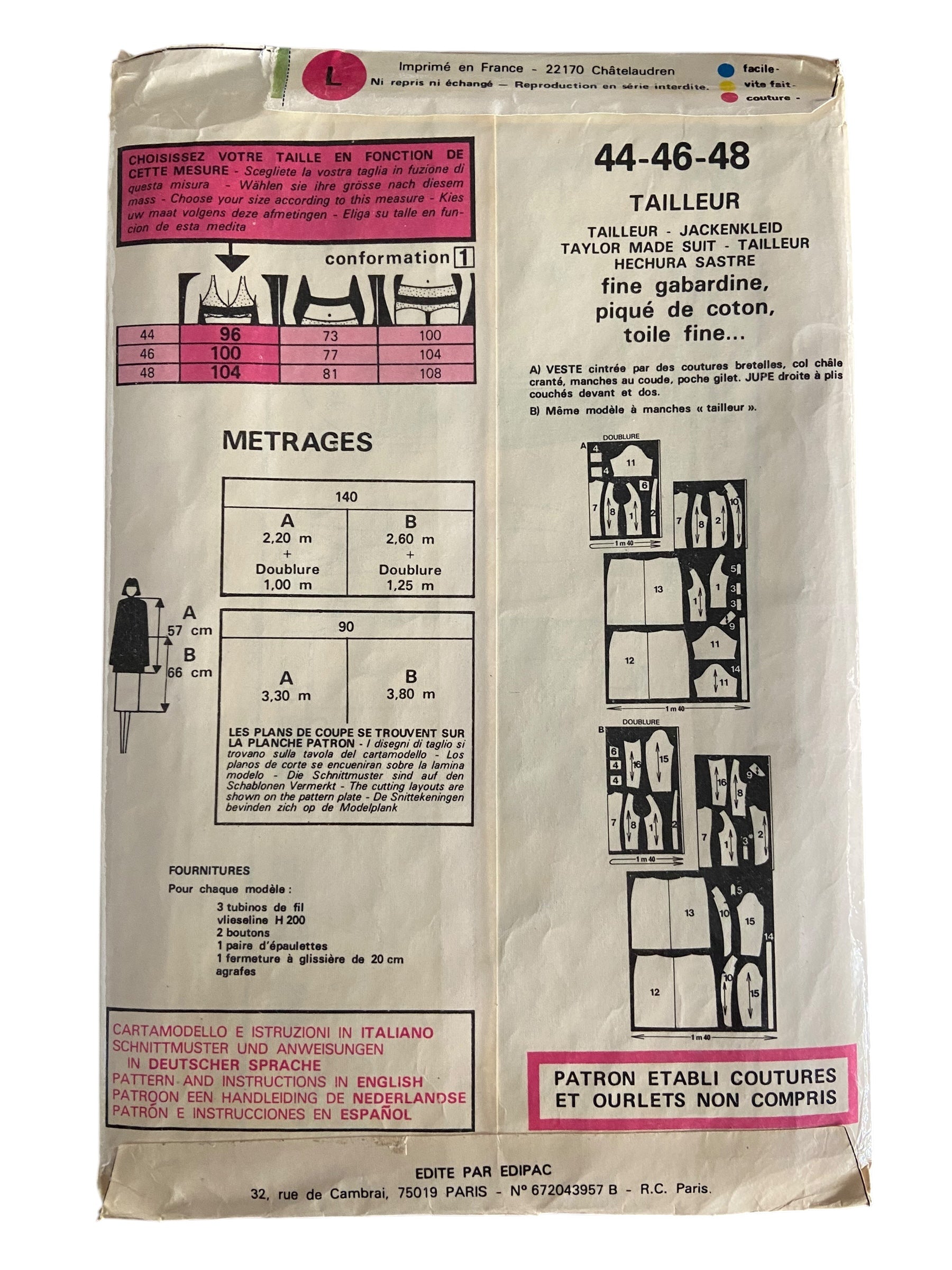 Marie Claire Patron de Paris 9076 vintage 1980s tailor made suit sewing pattern. FRENCH LANGUAGE INSTRUCTIONS. Bust 38, 40, 42 inches