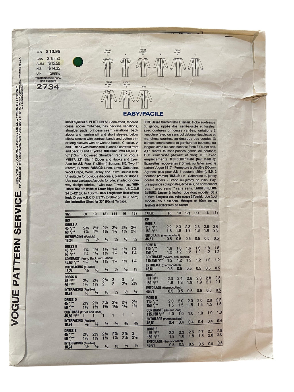 Vogue 2734 basic design vintage 1990s dress sewing pattern Bust 31.5, 32.5, 34 inches