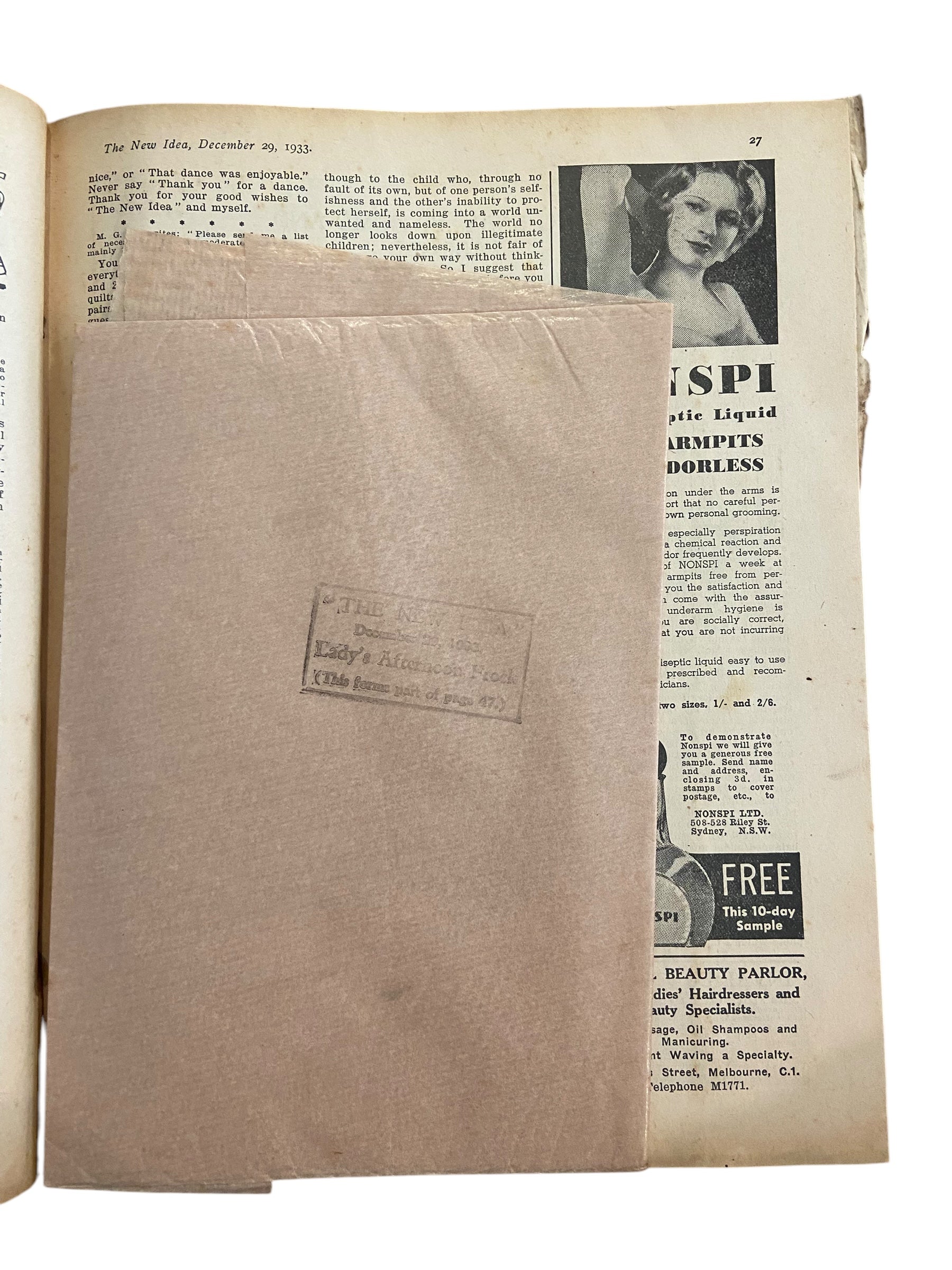 The New Idea Magazine . A weekly paper for Australian and New Zealand Women. December 29 1933 with sewing pattern unused, factory folded, lady’s afternoon frock. Bust 34 inches.