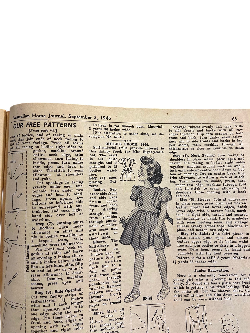 Australian home journal September 2nd 1946 with three sewing patterns, unused, factory folded, two women’s dresses (36 inch bust) and child’s frock age 8 years