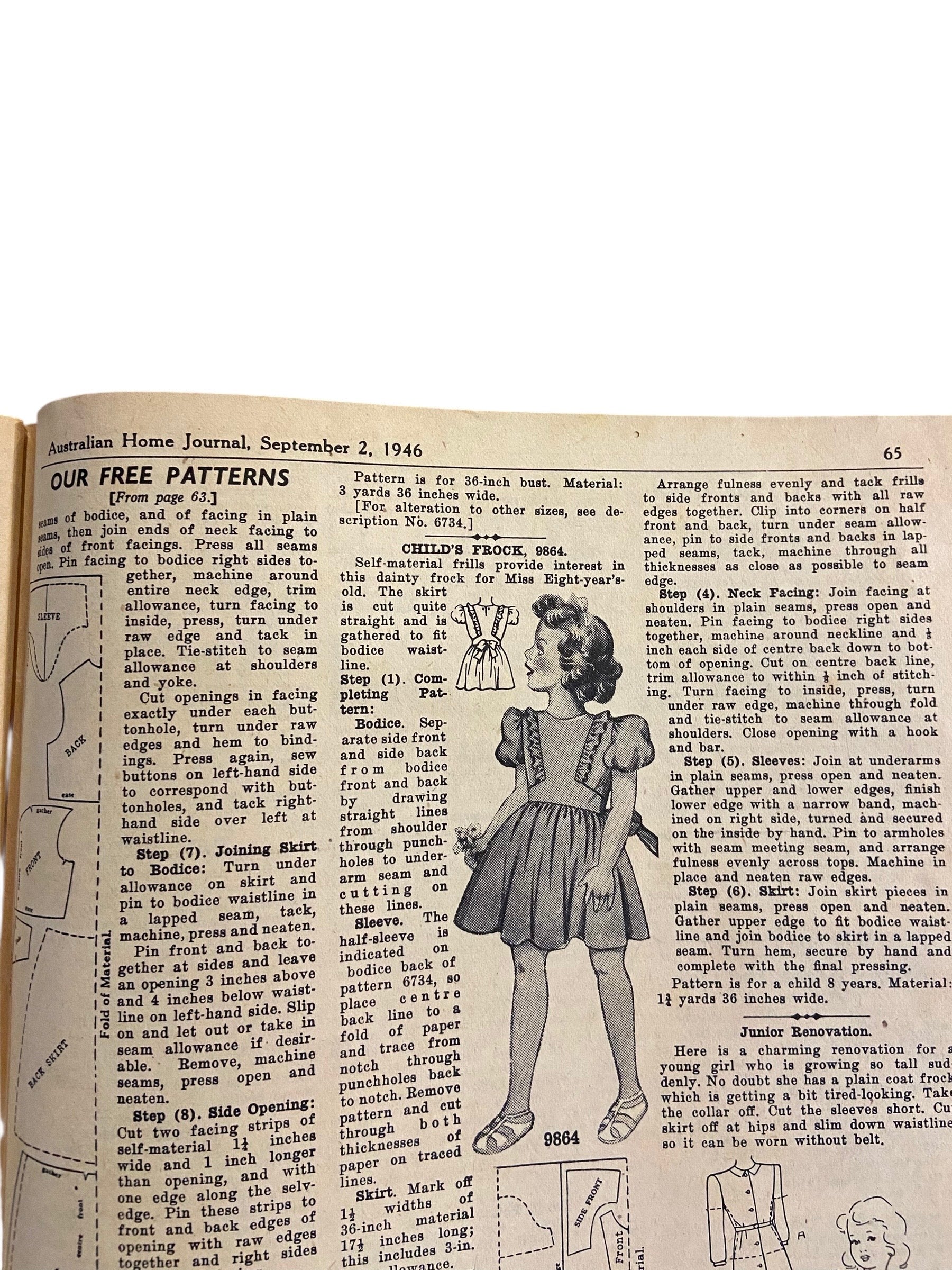 Australian home journal September 2nd 1946 with three sewing patterns, unused, factory folded, two women’s dresses (36 inch bust) and child’s frock age 8 years