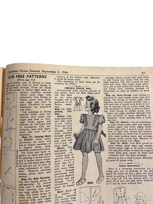 Australian home journal September 2nd 1946 with three sewing patterns, unused, factory folded, two women’s dresses (36 inch bust) and child’s frock age 8 years