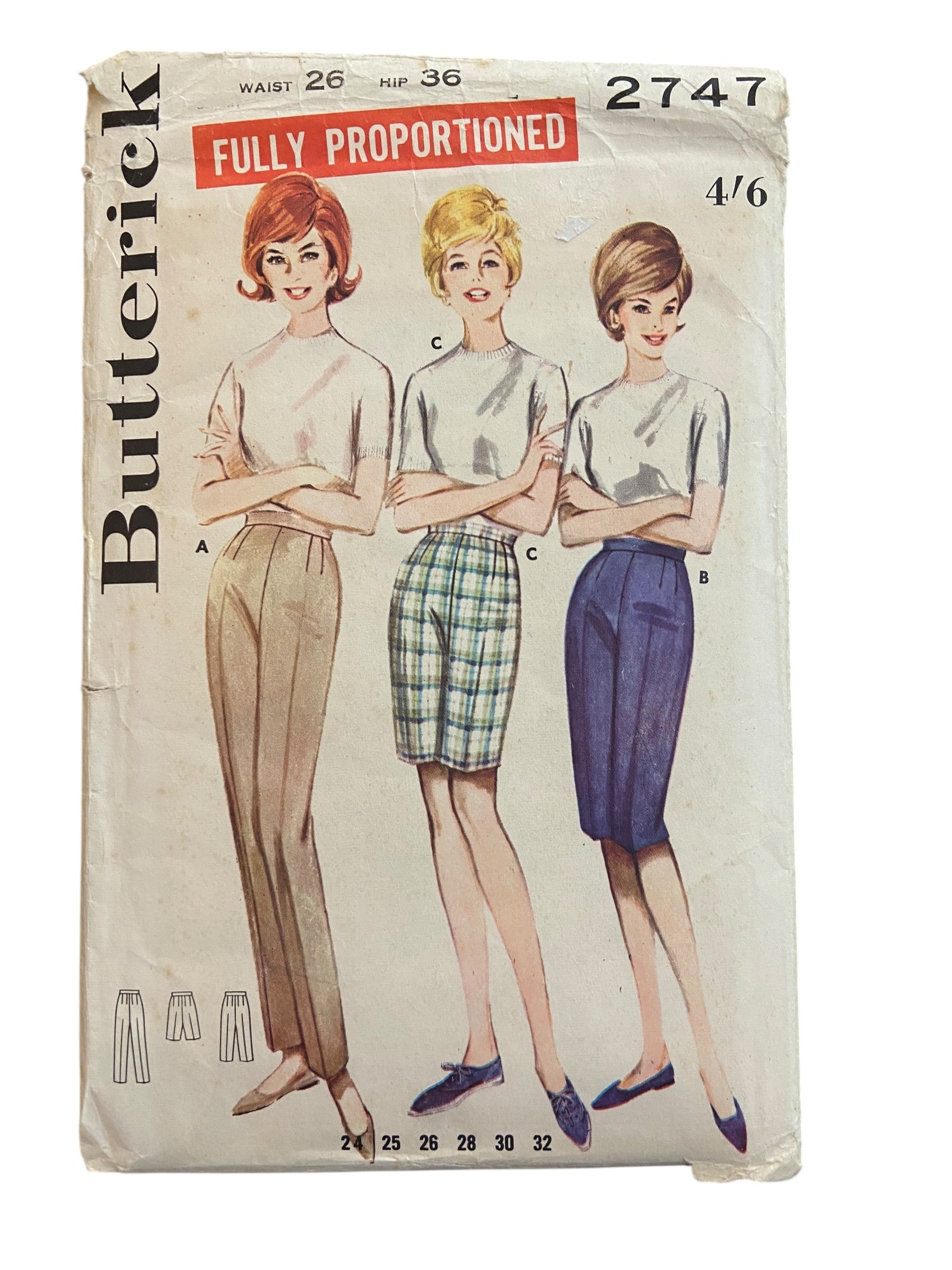 Butterick 2747 1960s vintage pants and shorts in proportional size sewing pattern. Waist 26 inches, hip 36 inches