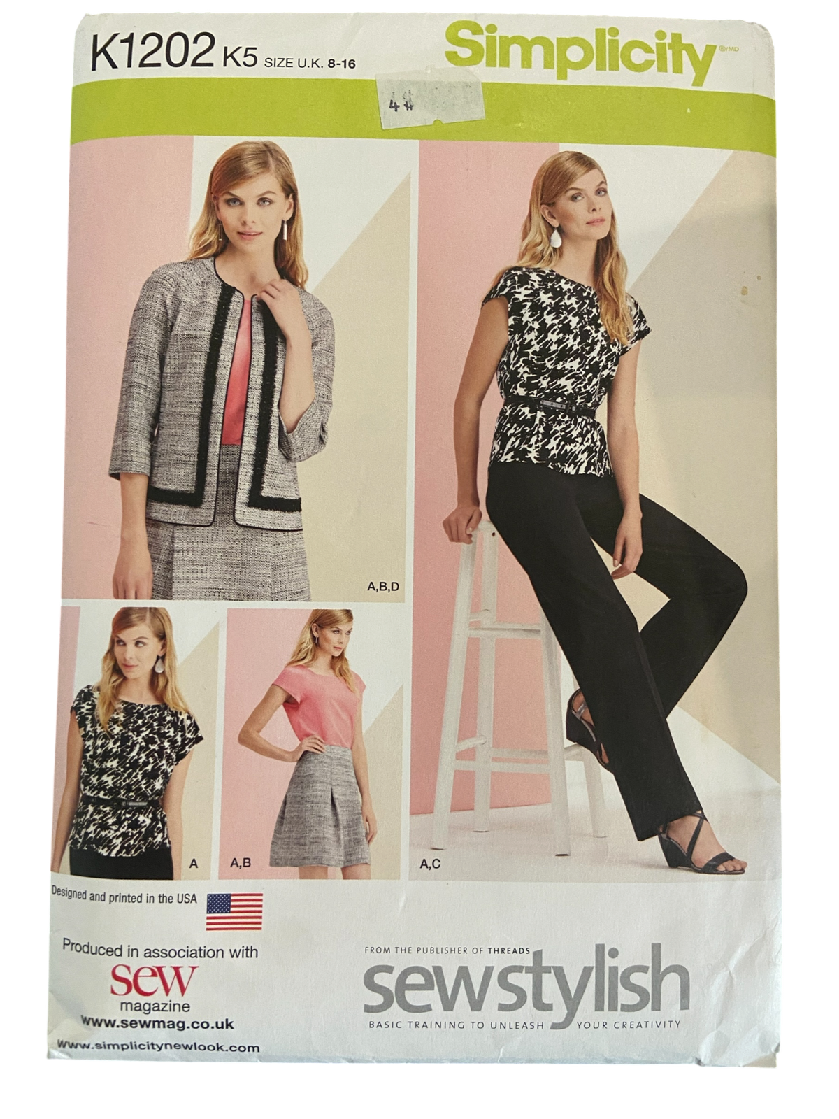 Simplicity K1202 top, skirt, unlined jacket and pants sewing pattern. Bust 31.5, 32.5, 34, 36, 38 inches