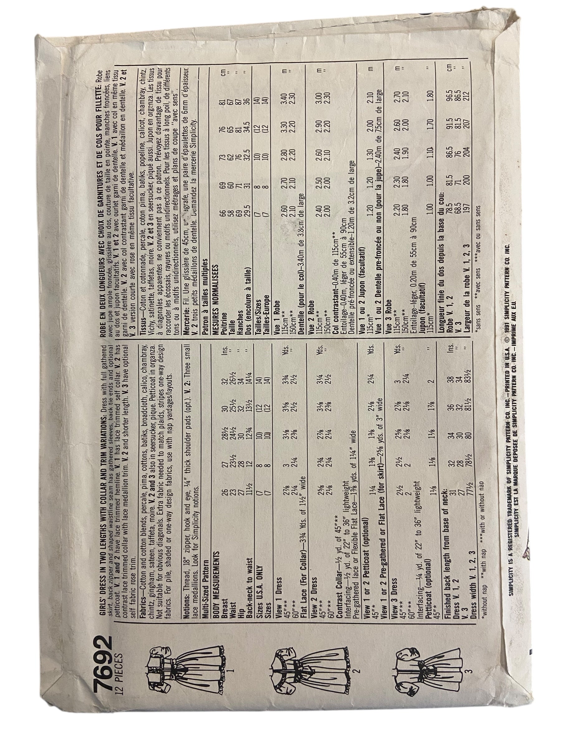 Simplicity 7692 vintage 1990s Jessica McClintock child’s party dress pattern Chest 30, 32 inches