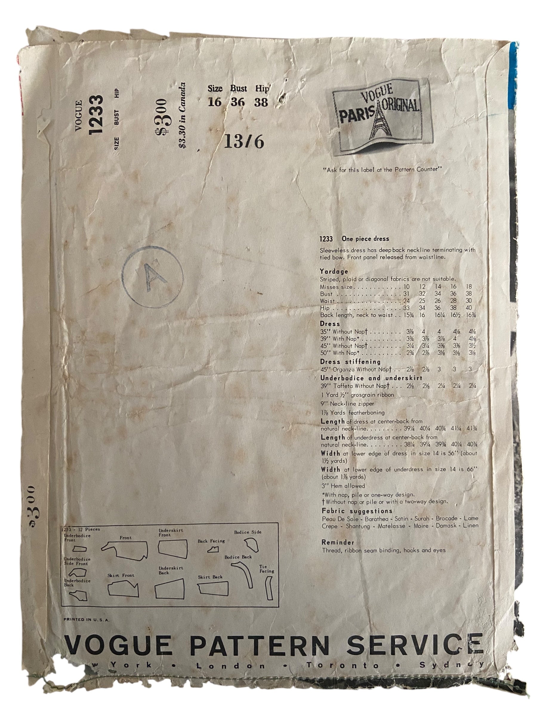 Vintage 1960s Vogue 1233 Paris Original Jacques Heim dress sewing pattern Bust 36 inches