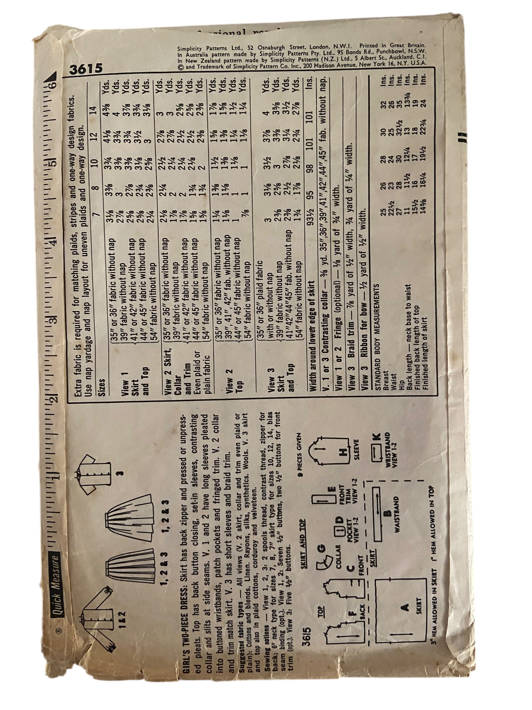 Simplicity 3615 vintage 1960s girl’s two-piece dress sewing pattern. Size 12 years breast 30 inches.