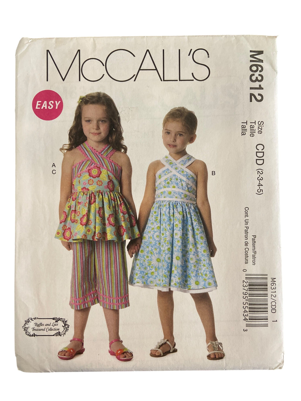 McCall’s M6312 child’s top, dress, belt and capri pants sewing pattern from the 2000s Sizes 2, 3, 4, 5