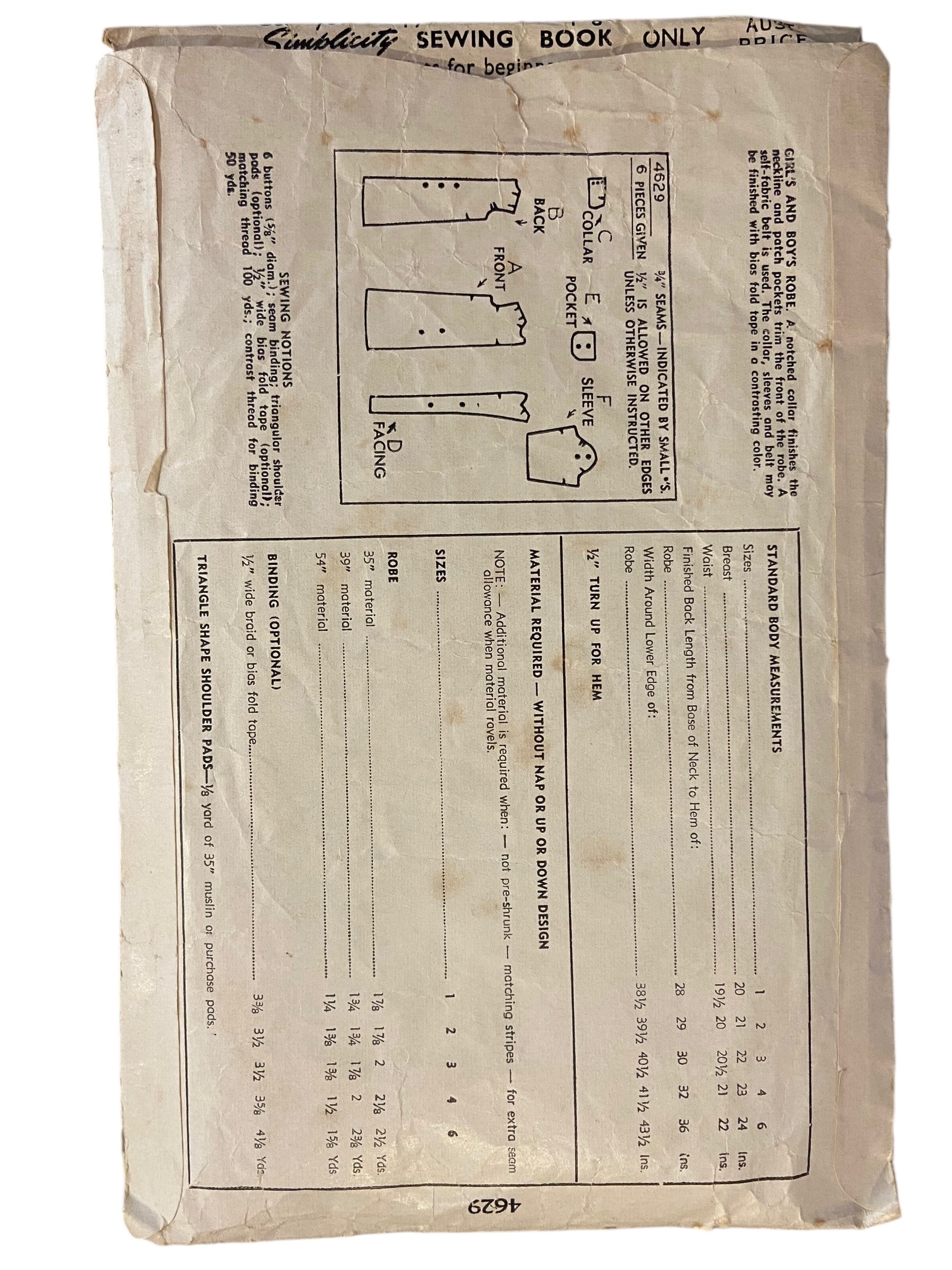 Simplicity 4629 vintage 1940s vintage child's dressing gown robe sewing pattern. Size 3 years. WOUNDED BARGAIN