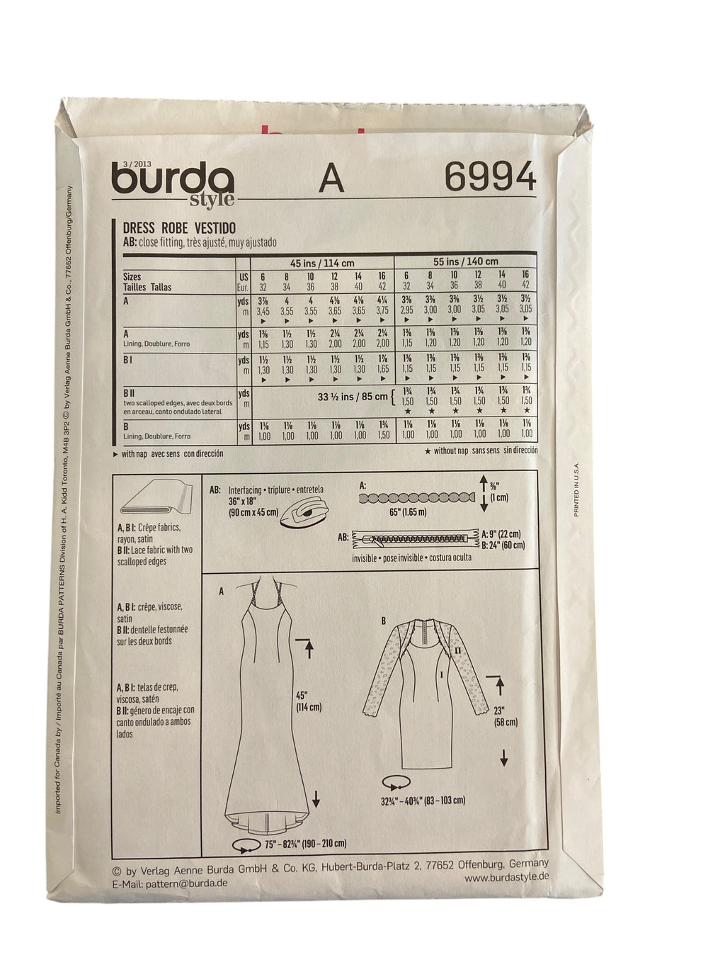 Burda style 6994  evening or wedding dress sewing pattern All size pattern US 6 - 16