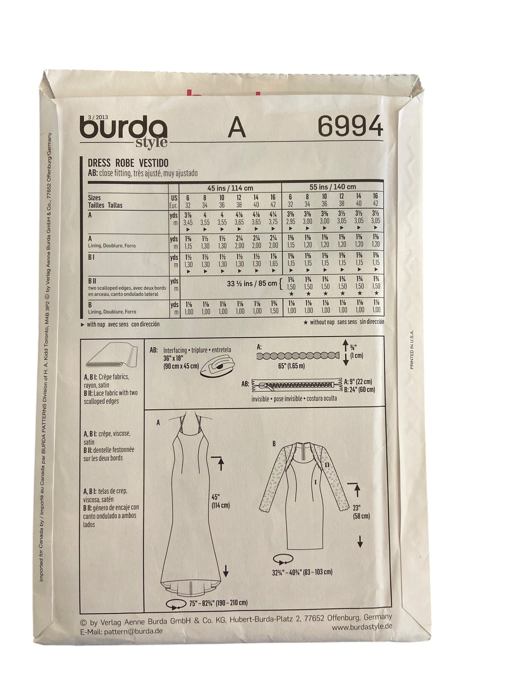 Burda style 6994  evening or wedding dress sewing pattern All size pattern US 6 - 16