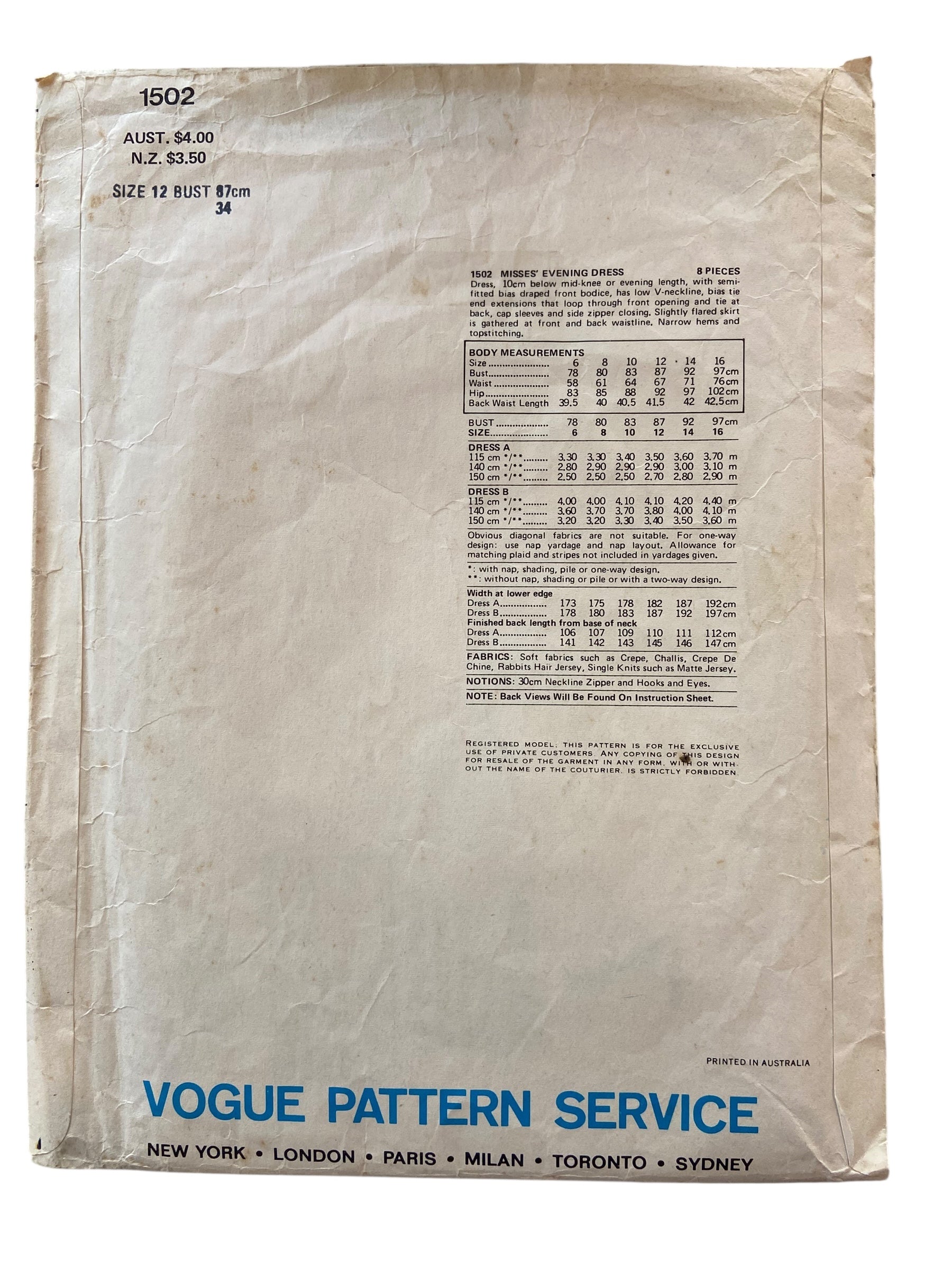 Vintage 1970s Vogue French Boutique 1502  Christian Aujard dress sewing pattern. Bust 34 inches.