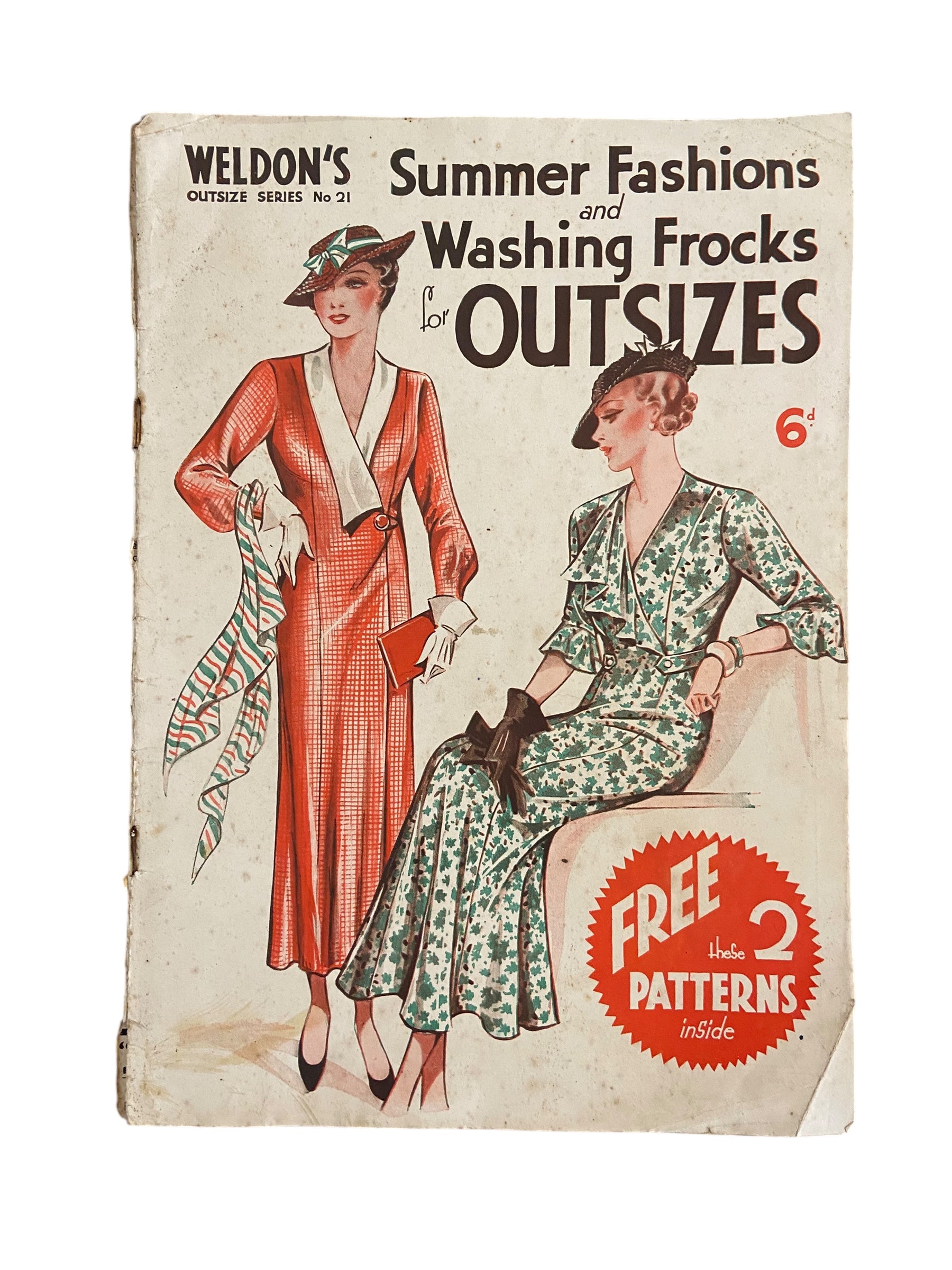 Weldon’s Summer Fashions and Washing Frocks for Outsizes catalogue Outsize Series No. 21 circa 1930s with two sewing patterns, unused, factory folded dress with collar, dress with short sleeves.Bust 42 inches.