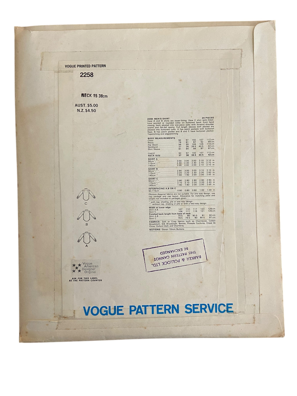 Vogue 2258. Vintage 1970s men’s sewing pattern. Vogue American Designer. Calvin Klein. Neck 15 inches, chest 38 inches