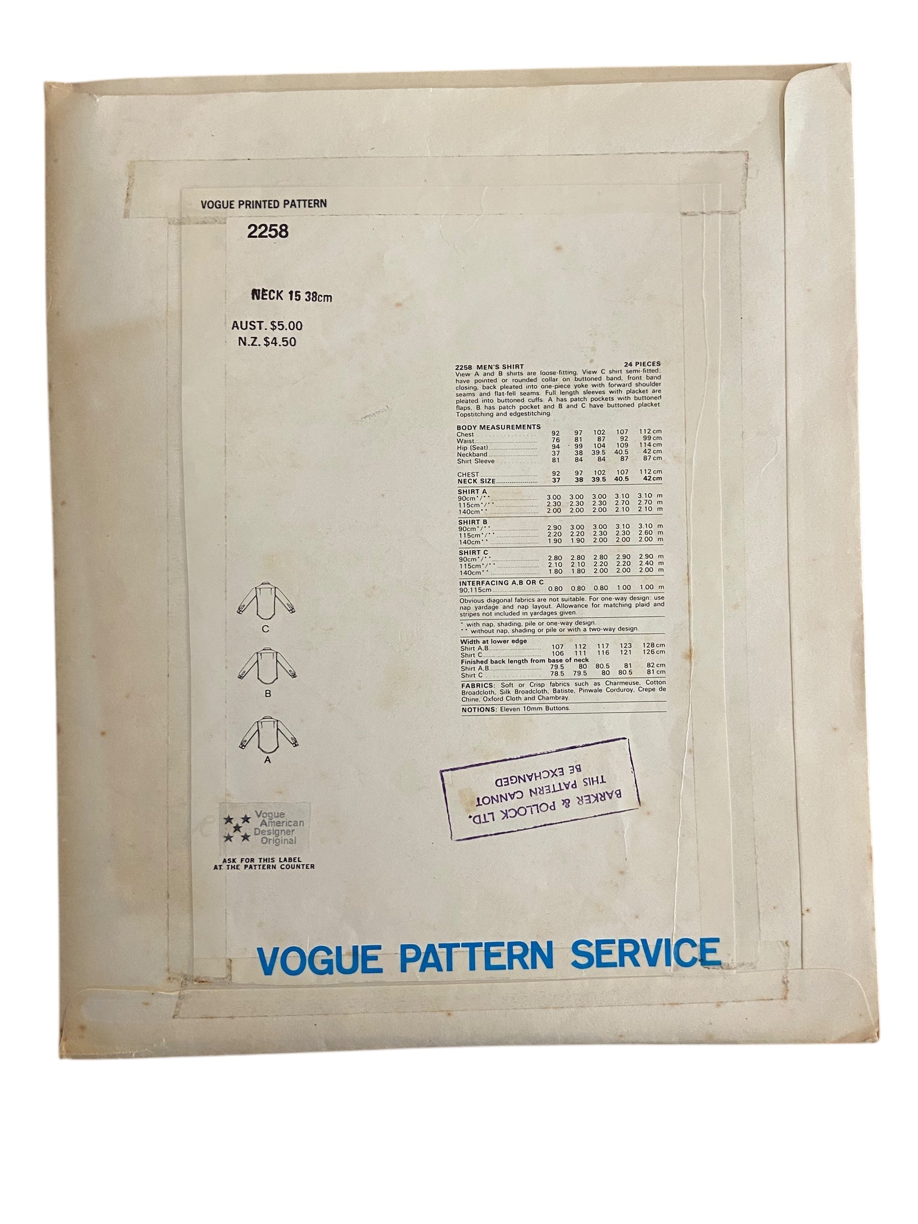 Vogue 2258. Vintage 1970s men’s sewing pattern. Vogue American Designer. Calvin Klein. Neck 15 inches, chest 38 inches