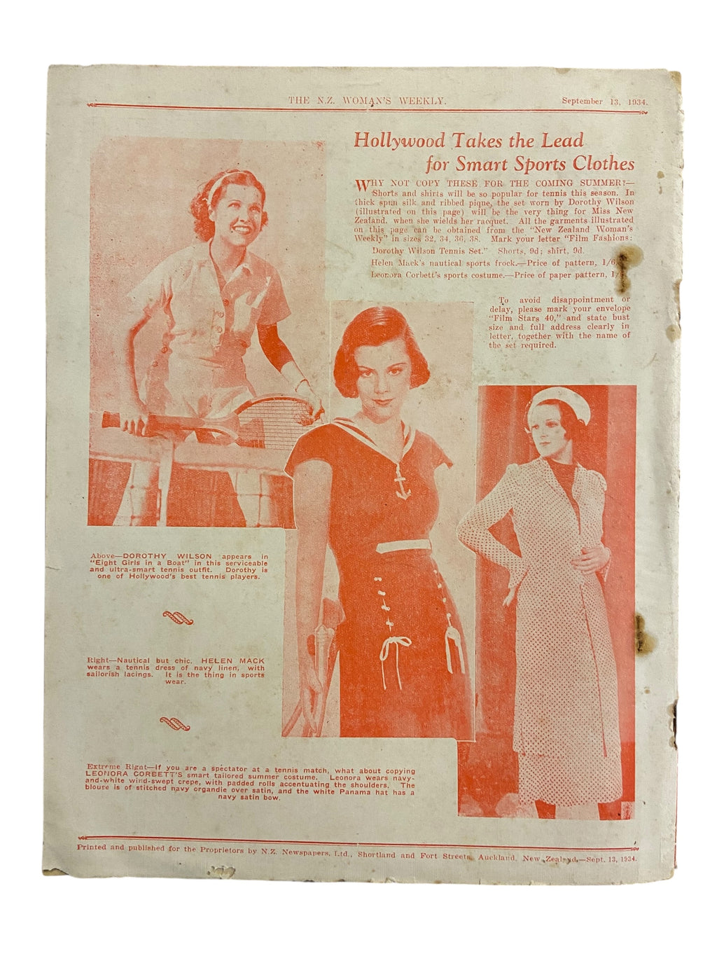 New Zealand Woman’s Weekly September 13 1934 with a sewing pattern, unused, factory folded, ladies maternity frock (attractive and simple maternity frock), bust 36 inches