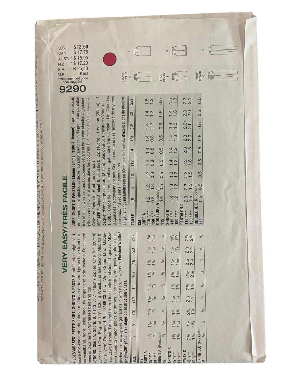 Vogue 9290 Vogue Sport 1990s skirt, shorts and pants sewing pattern Bust 34, 36, 38 inches