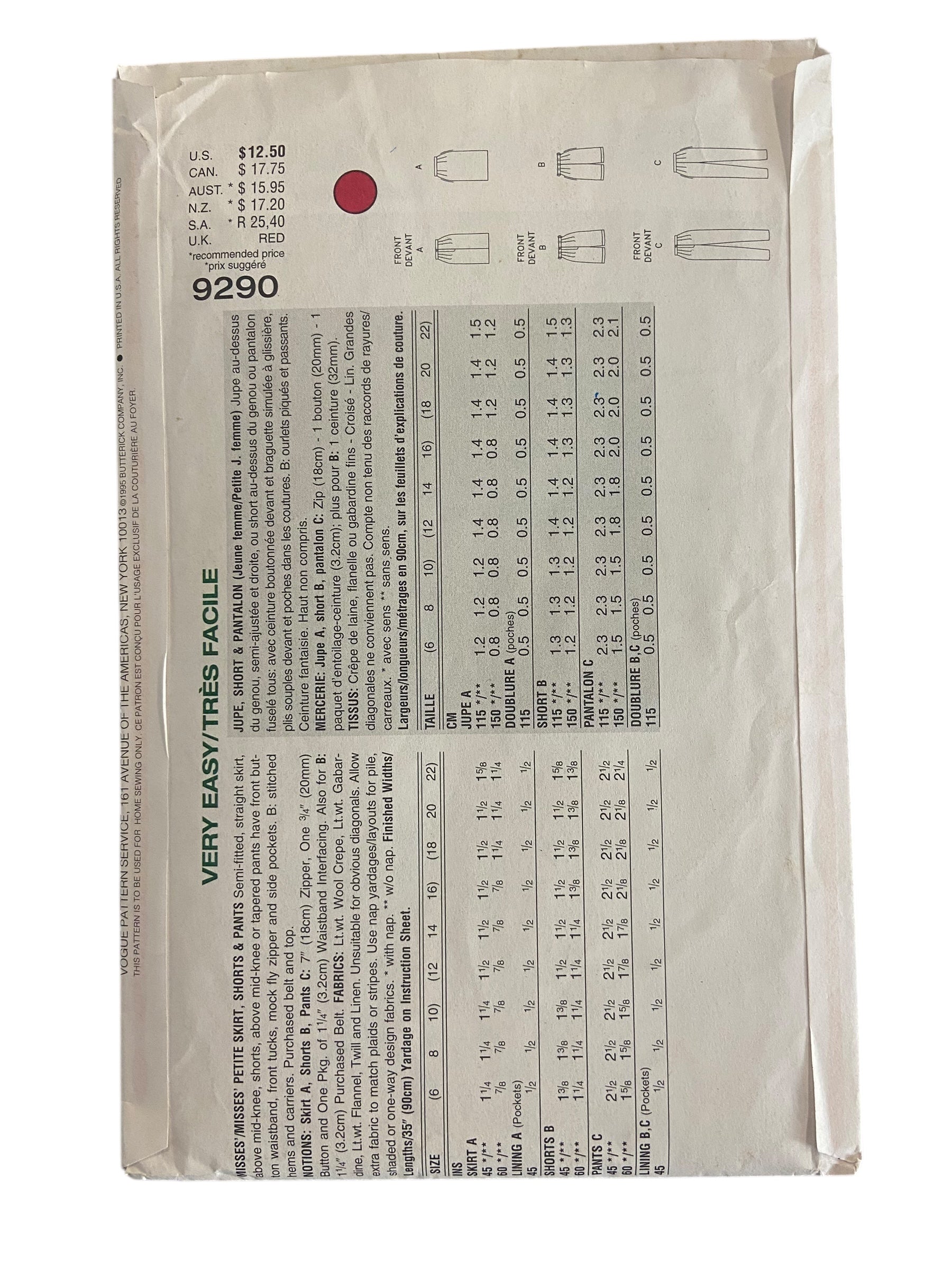 Vogue 9290 Vogue Sport 1990s skirt, shorts and pants sewing pattern Bust 34, 36, 38 inches