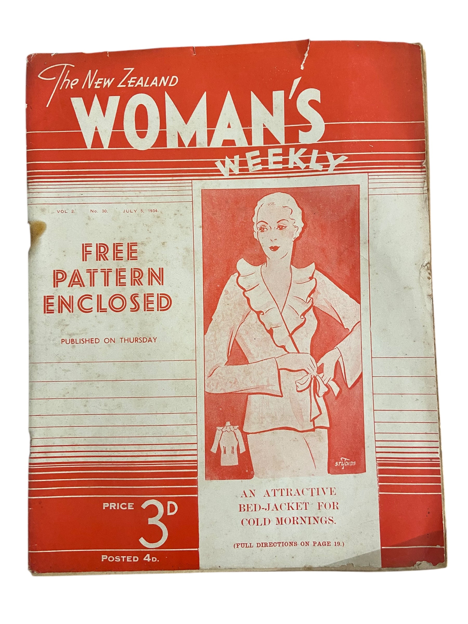 The New Zealand Woman’s weekly. July 5 1934. with sewing pattern unused, factory folded,  an attractive bed-jacket for cold mornings. Bust 34 inches.
