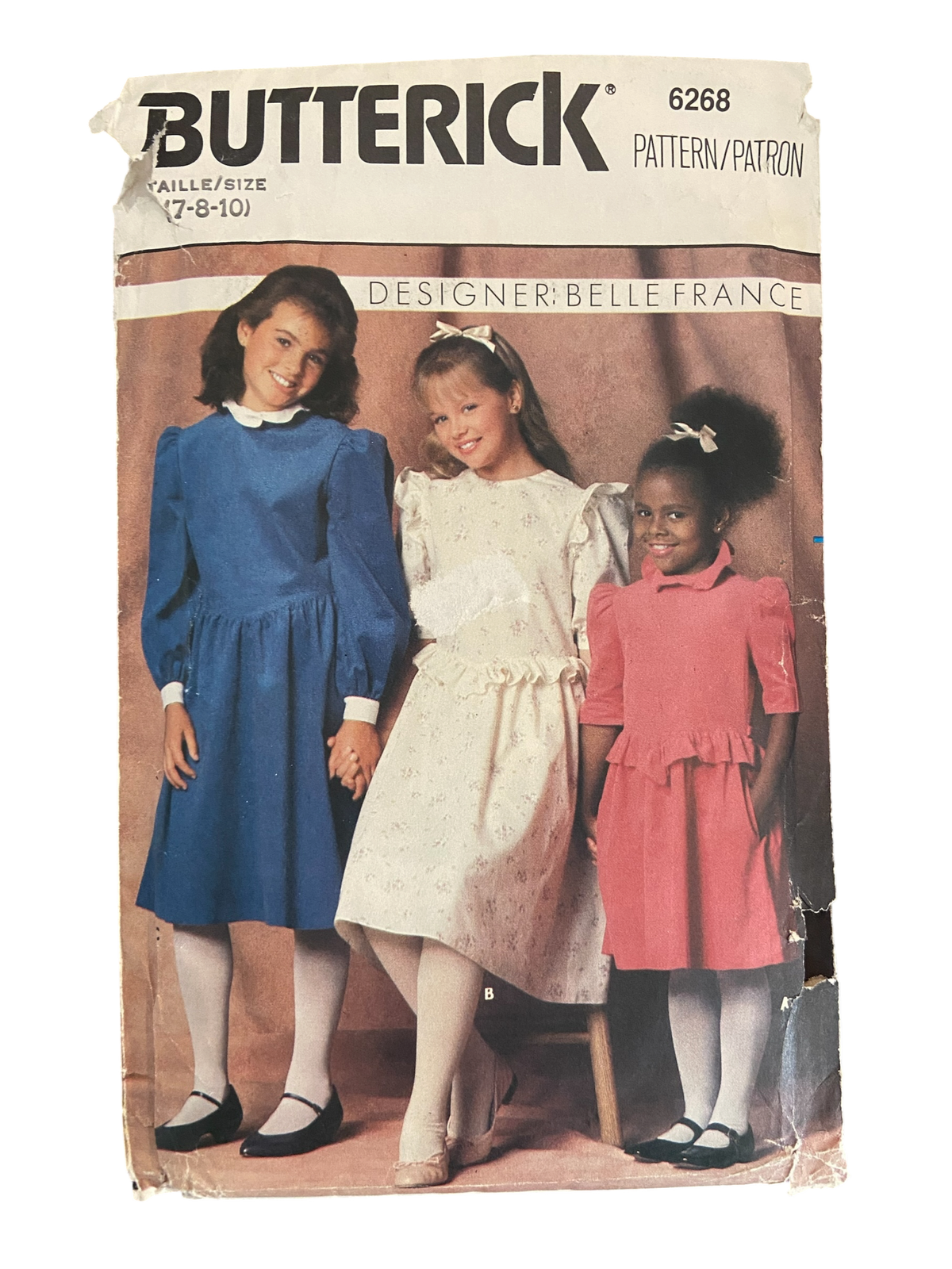 Butterick 6268 vintage 1980s designer Belle France child's dress sewing pattern. Size, 7, 8, 10. Breast 26, 27, 28.5 inches.