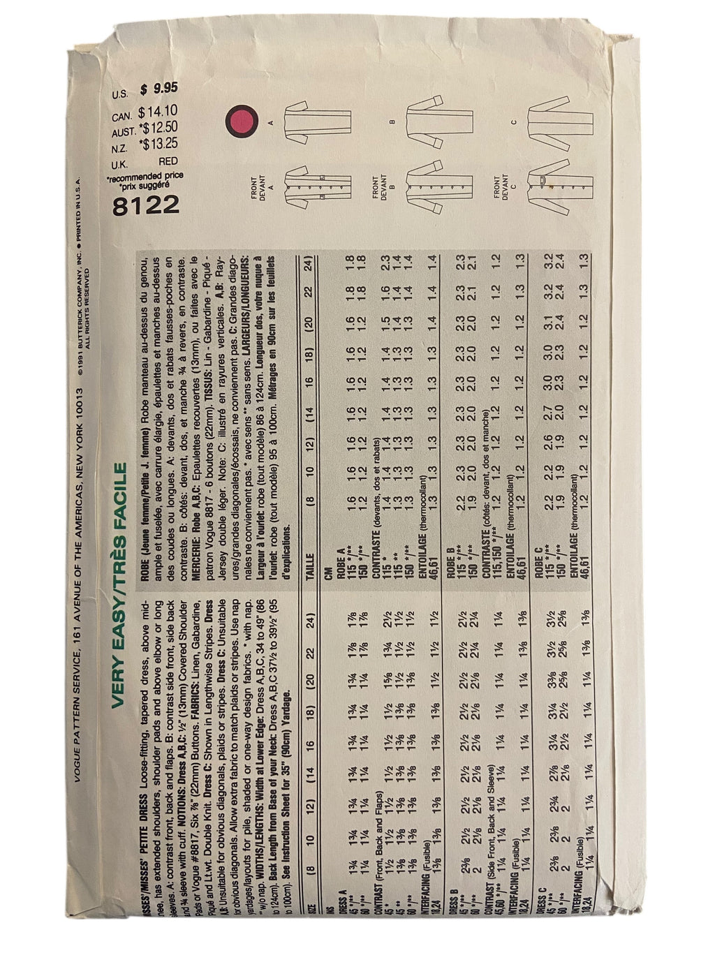 Vogue Easy Options 8122 vintage 1990s dress sewing pattern. Bust 36, 38, 40 inches