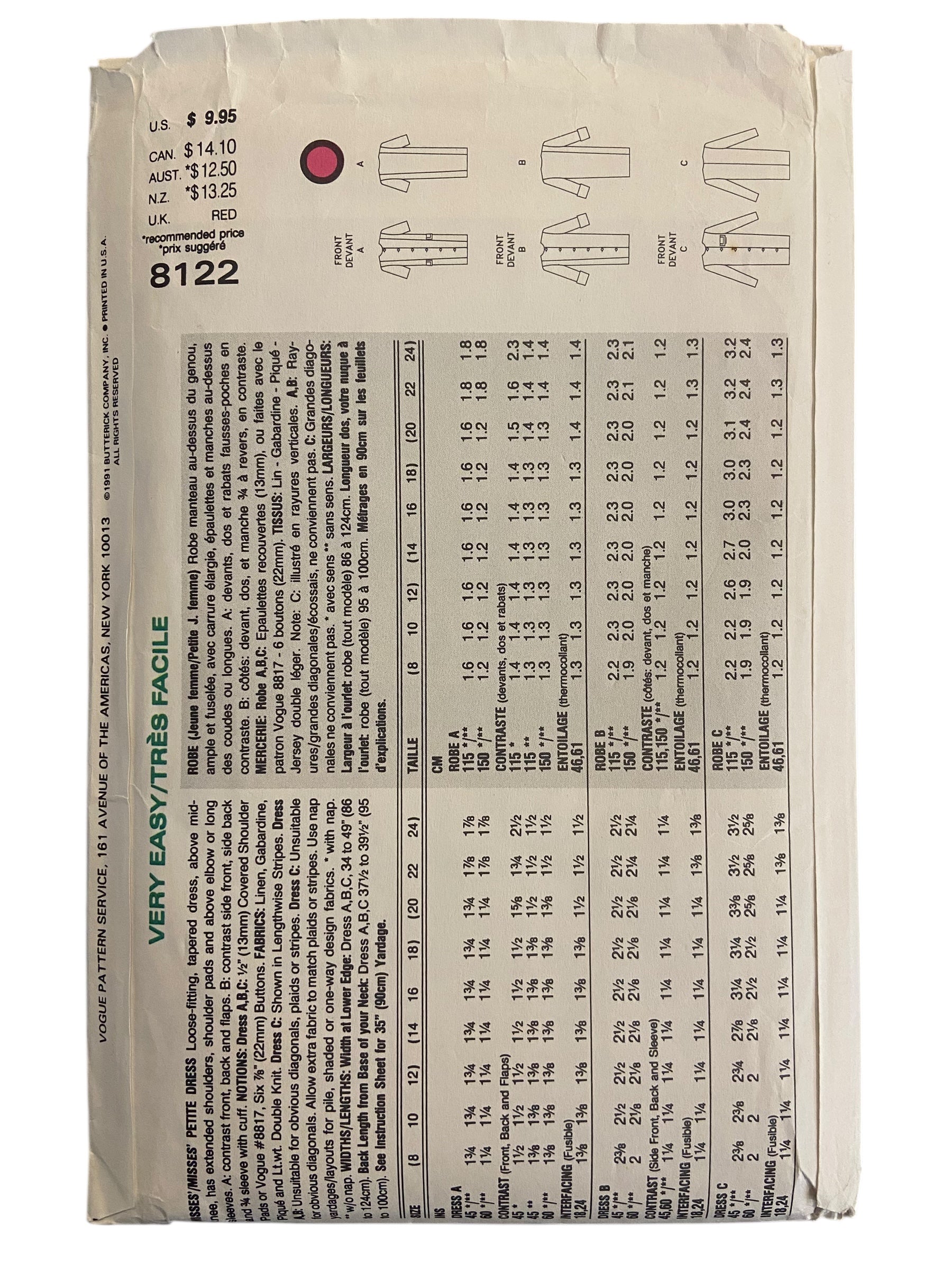 Vogue Easy Options 8122 vintage 1990s dress sewing pattern. Bust 36, 38, 40 inches