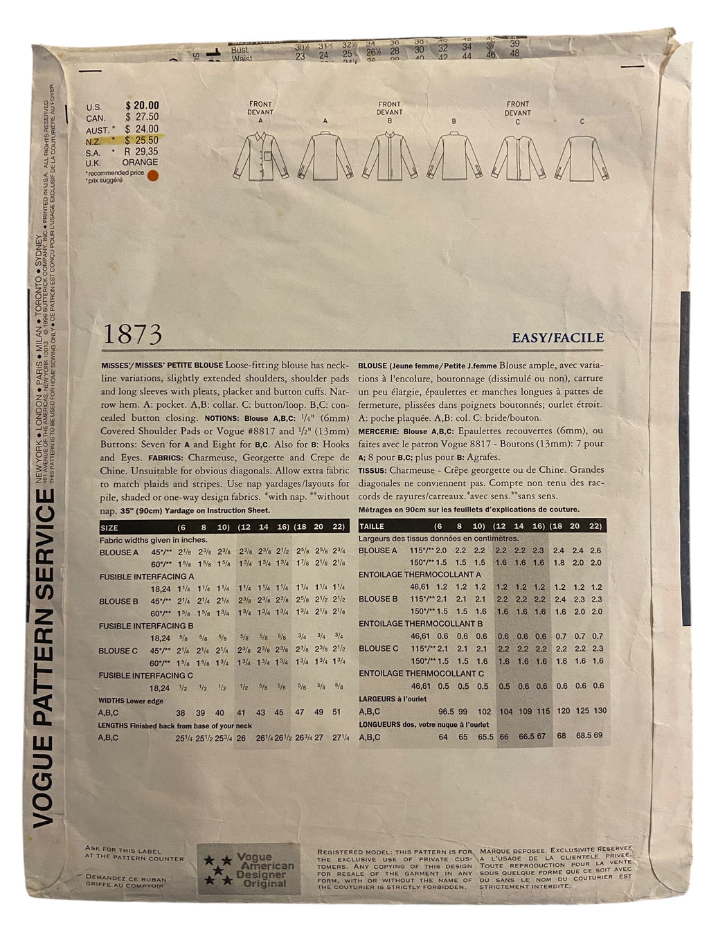 Vogue American Designer 1873 vintage Calvin Klein 1990s blouse sewing pattern Bust 30.5, 31.5, 32.5 inches