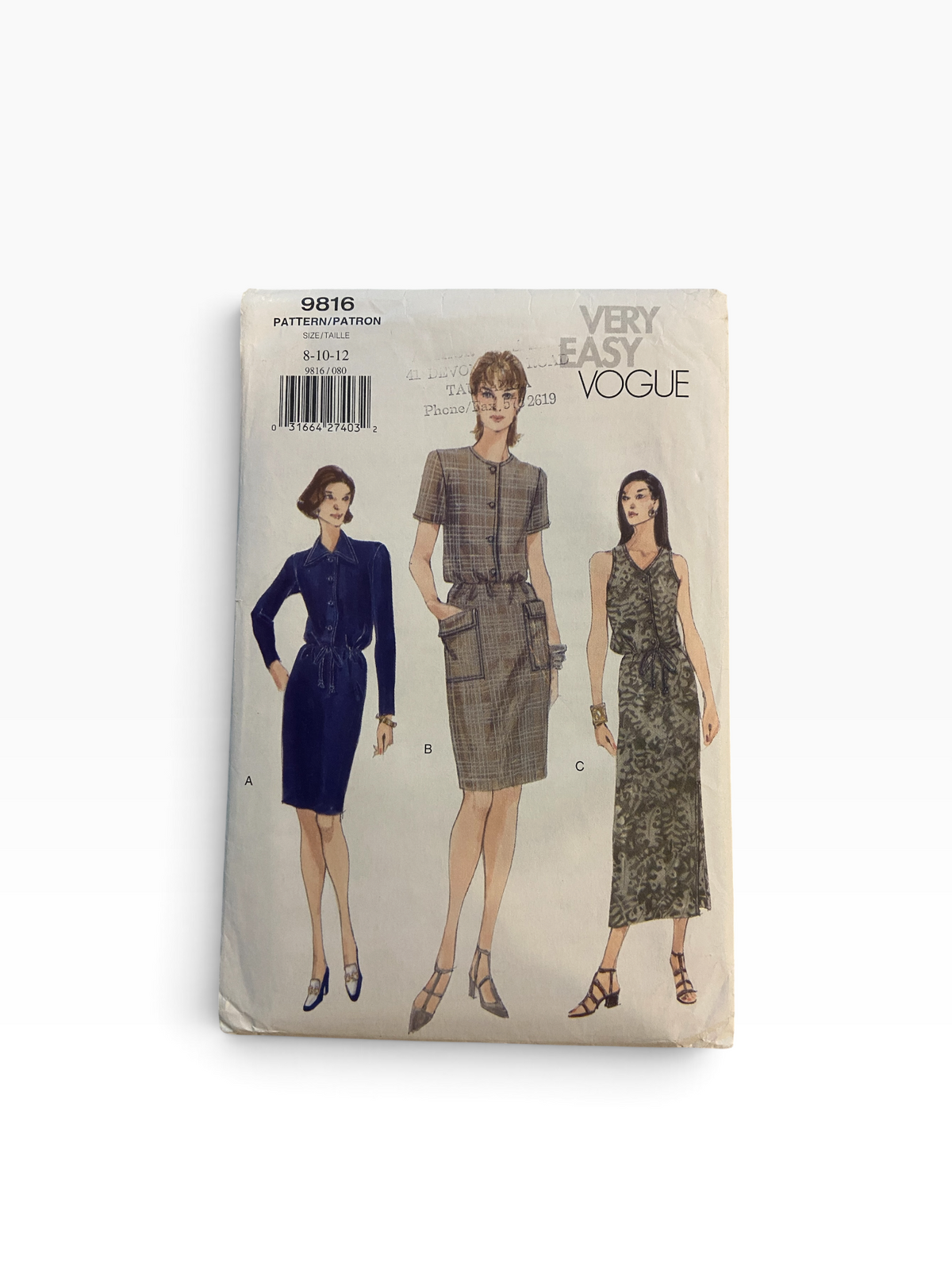 Vogue 9816 vintage 1990s dress sewing pattern. Bust 31.5, 32.5, 34 inches.
