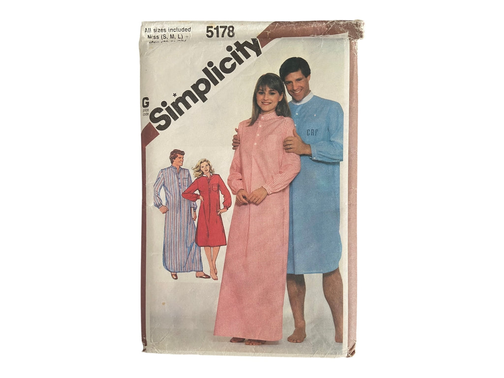 Simplicity 5178 vintage 1980s men's and women’s nightshirt sewing pattern. Multisizes