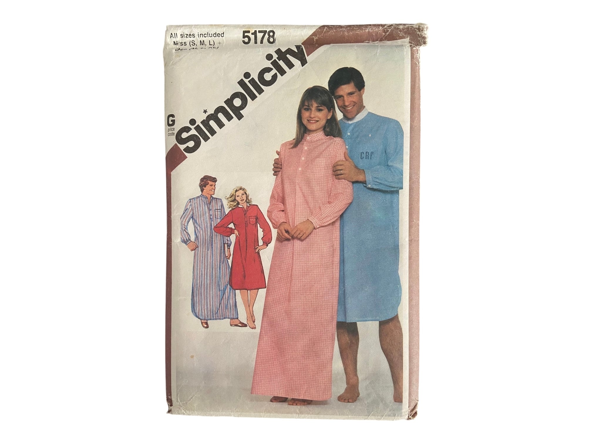 Simplicity 5178 vintage 1980s men's and women’s nightshirt sewing pattern. Multisizes