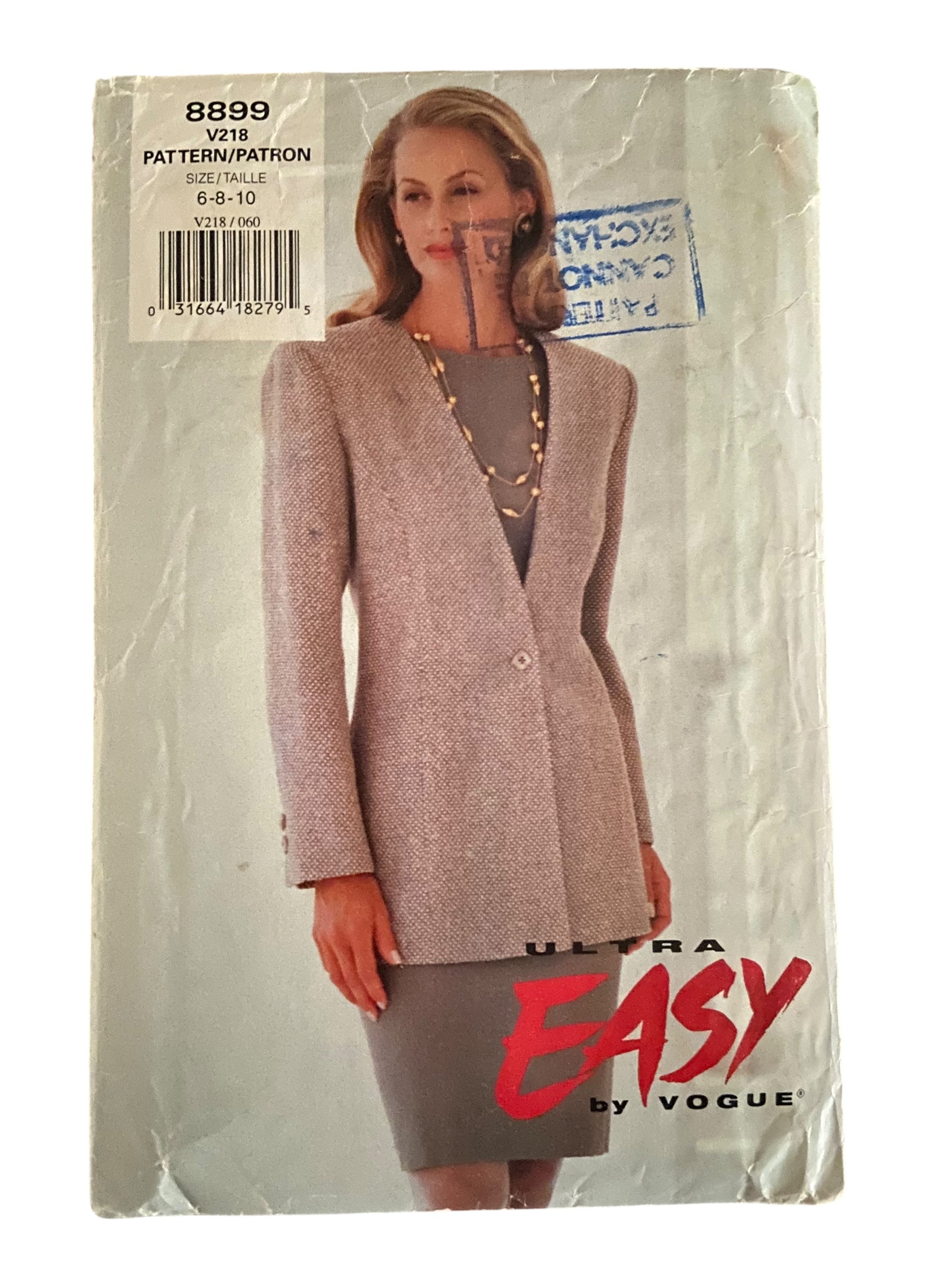 Vogue 8899 vintage 1990s dress and jacket sewing pattern Bust 30.5, 31.5, 32.5 inches