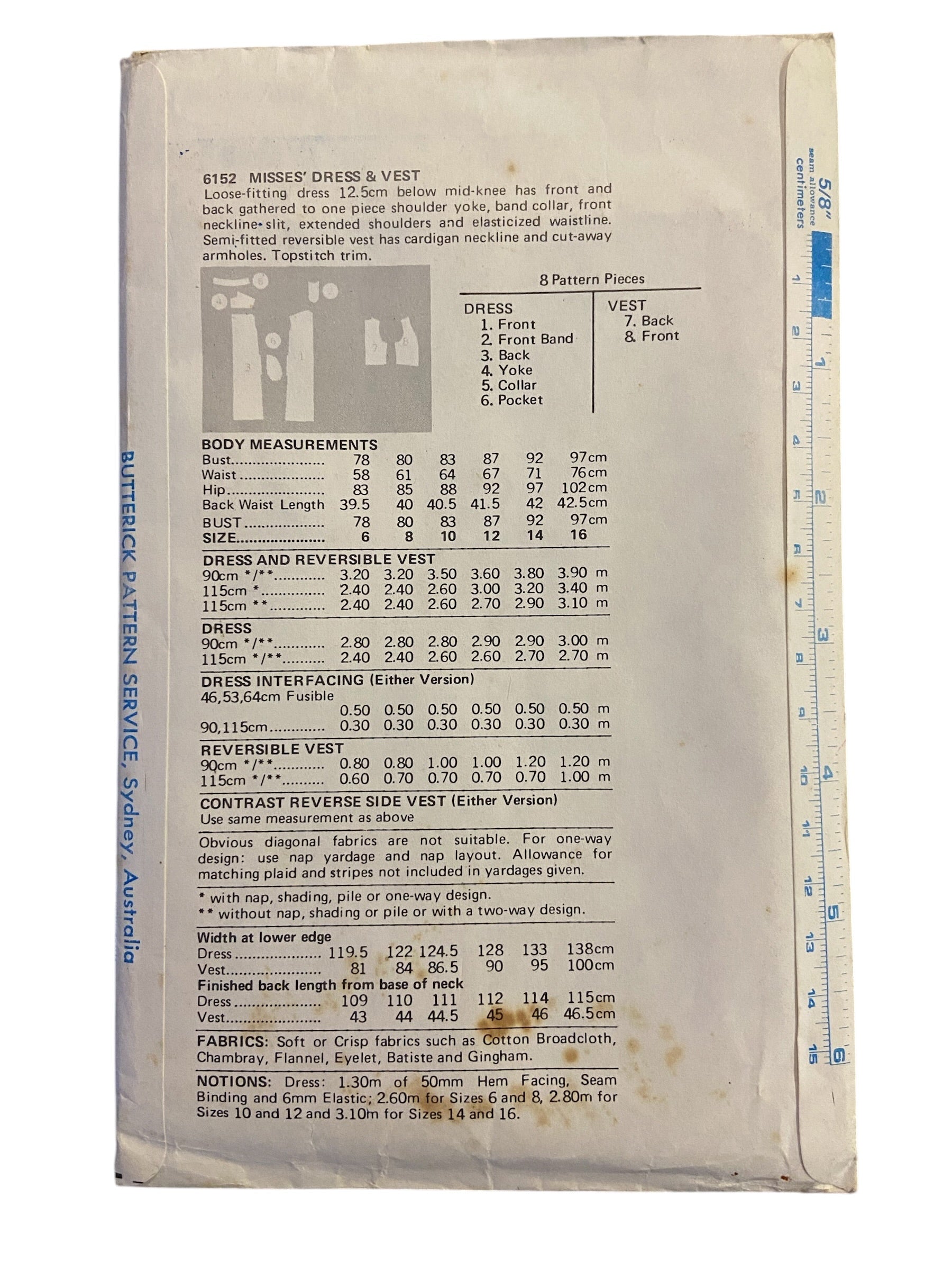 Butterick 6152 vintage 1980s dress and vest sewing pattern. Bust 32.5 inches