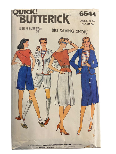 Butterick 6544 vintage 1970s jacket, top, skirt and shorts sewing pattern. Bust 34 inches