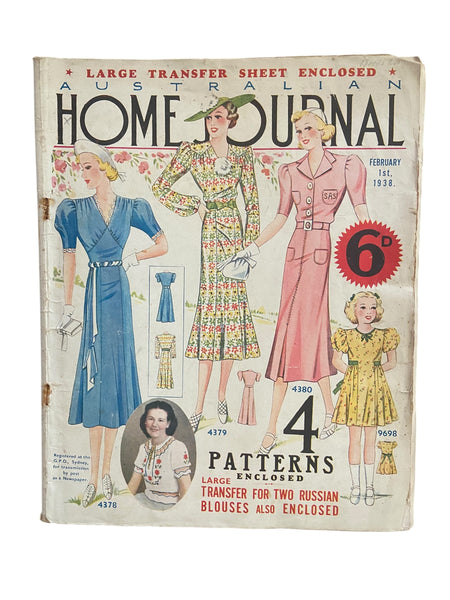 Australian home journal February 1st 1938 with four sewing patterns, unused, factory folded, three frocks bust 36 inches, child’s frock age 6 years