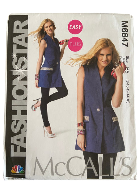 McCall’s M6847 Fashion Star vest sewing pattern from the 2000s. Bust 31.5, 32.5, 34, 36 38 inches.