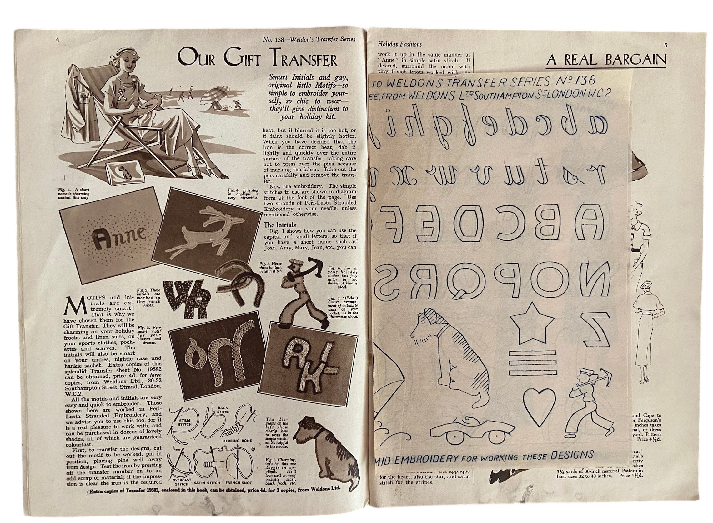 Weldon’s Holiday Fashions catalogue No. 138 circa 1930s with three sewing patterns, unused, factory folded dress with puff sleeves, dress with buttoned yoke, coat and skirt. Bust 36 inches. Transfers included.