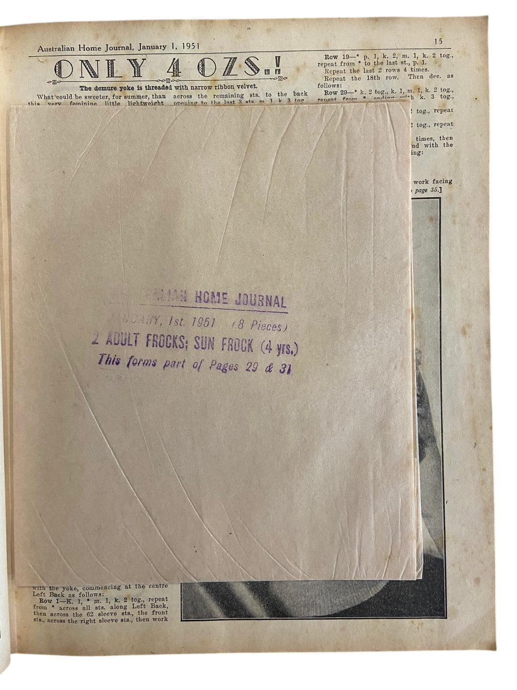 Australian home Journal January 1st 1951 with two dress sewing patterns, unused, factory folded, women’s dresses. Bust 36 inches. Child’s sun frock age 4 years.