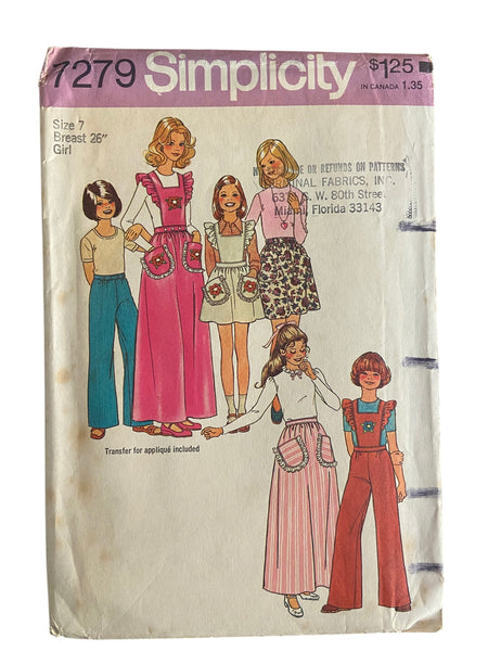 Simplicity 7279 vintage 1970s child’s skirt, pants and detachable bib sewing pattern size for 7, 26 inch chest