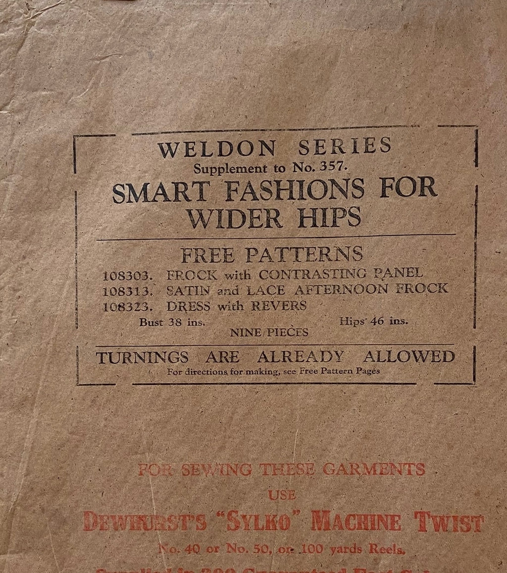 Weldon’s Smart Fashions for Wider Hips catalogue Series No. 357 circa 1930s with three sewing patterns, unused, factory folded dress with contrasting panel, satin and lace frock, day dress with revers. Bust 38 inches.