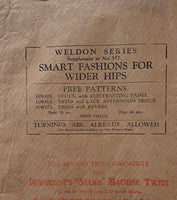 Weldon’s Smart Fashions for Wider Hips catalogue Series No. 357 circa 1930s with three sewing patterns, unused, factory folded dress with contrasting panel, satin and lace frock, day dress with revers. Bust 38 inches.