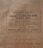 Weldon’s Smart Fashions for Wider Hips catalogue Series No. 357 circa 1930s with three sewing patterns, unused, factory folded dress with contrasting panel, satin and lace frock, day dress with revers. Bust 38 inches.
