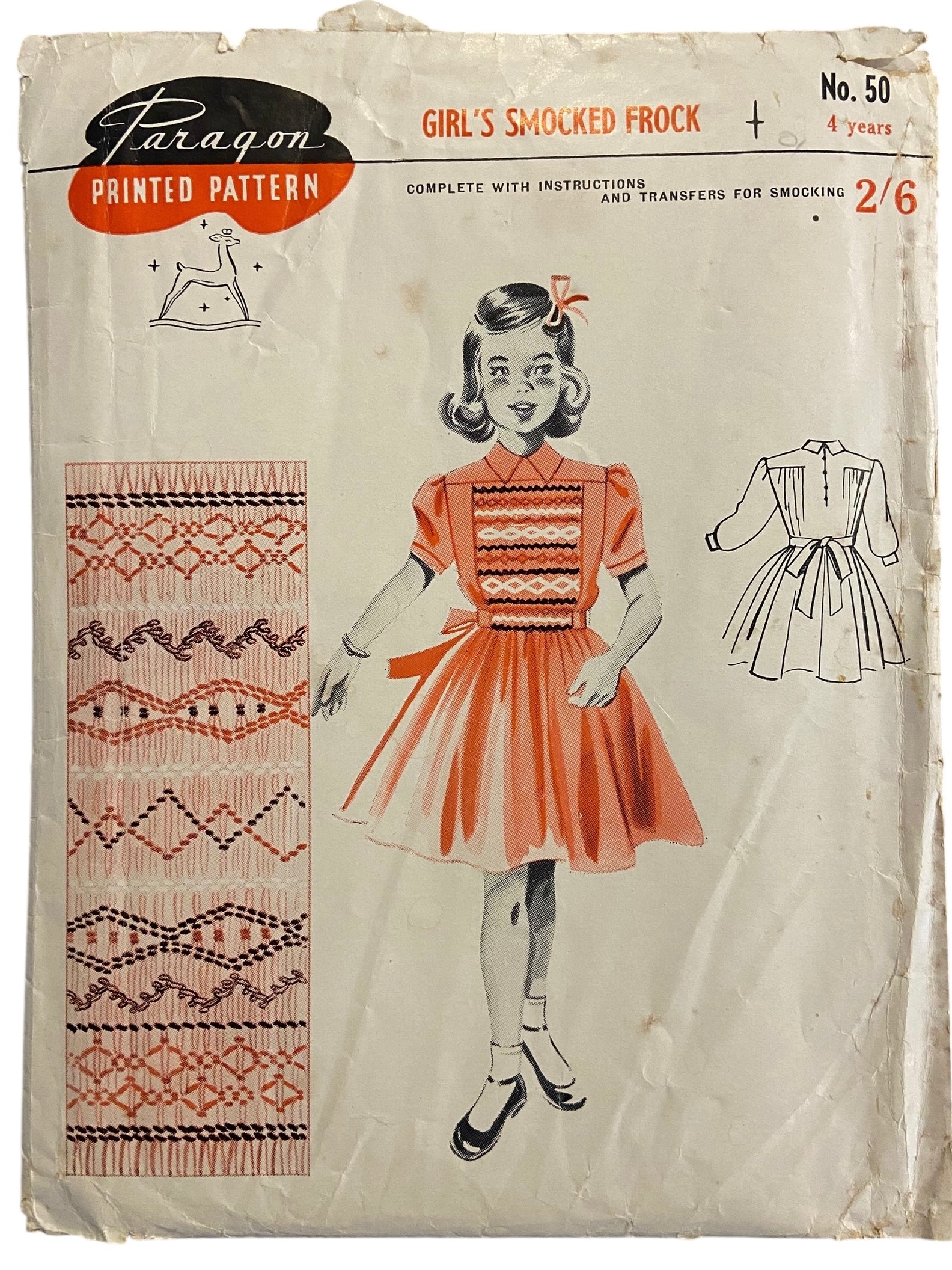 Paragon No. 50 vintage 1940's sewing pattern girl's smocked frock. Size 4 years.WOUNDED BARGAIN NO INSTRUCTIONS.