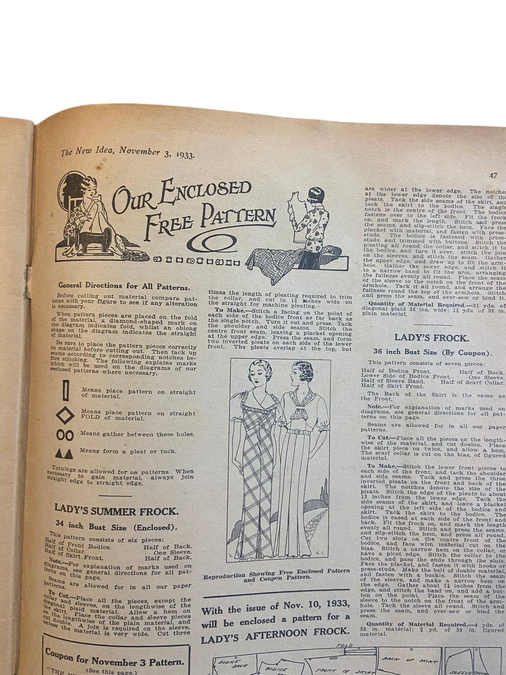 The New Idea Magazine . A weekly paper for Australian and New Zealand Women. November 3 1933 with sewing pattern unused, factory folded, lady’s summer frock. Bust 34 inches.