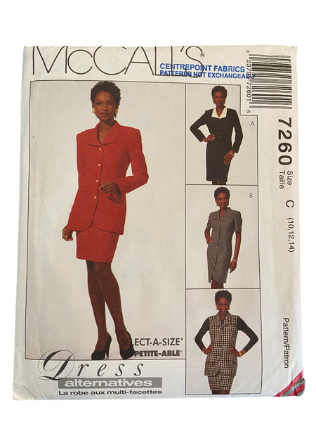 McCall’s 7260 vintage 1990s sewing pattern for jacket, vest, dress and skirt. Bust 32.5, 34. 36 inches