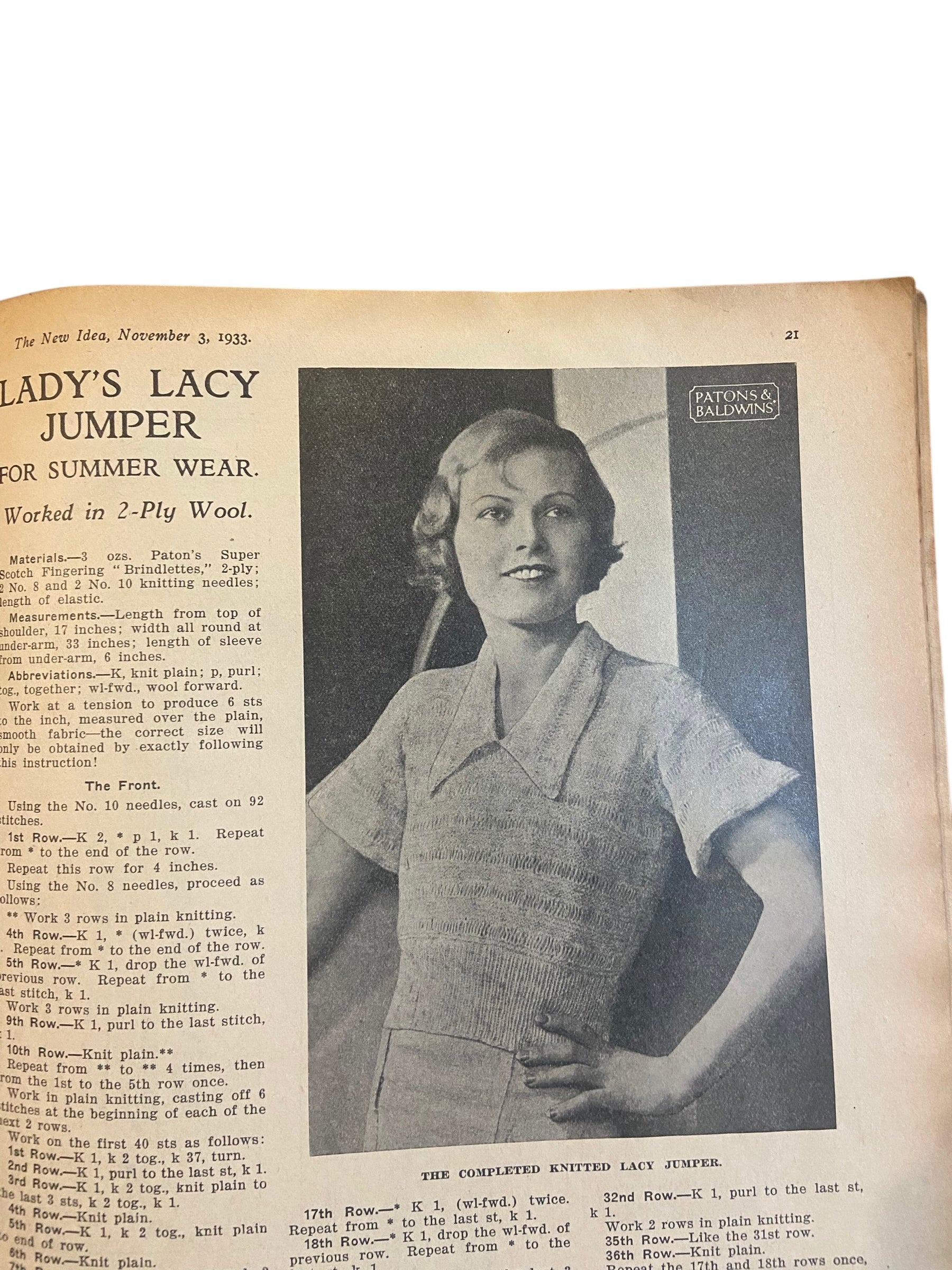 The New Idea Magazine . A weekly paper for Australian and New Zealand Women. November 3 1933 with sewing pattern unused, factory folded, lady’s summer frock. Bust 34 inches.