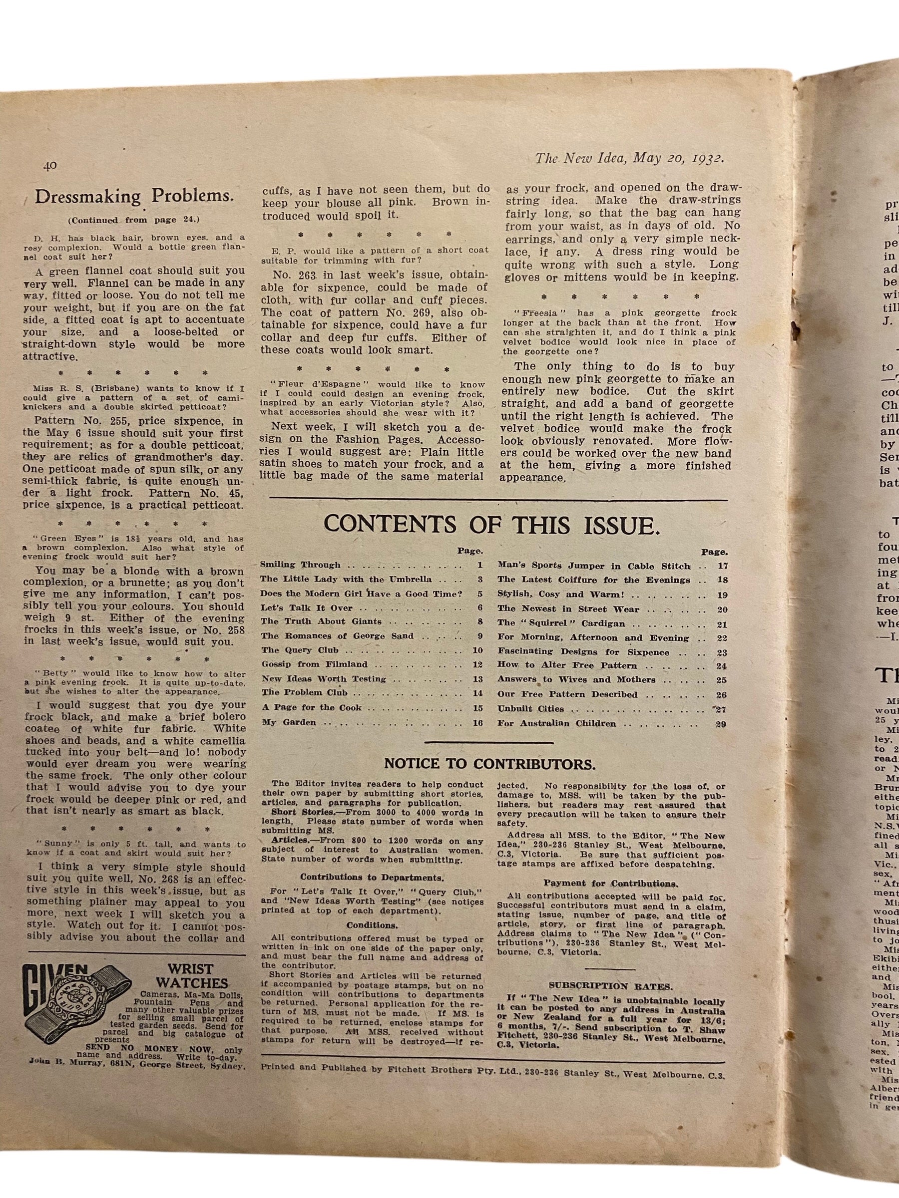 The New Idea Magazine . A weekly paper for Australian and New Zealand Women. May 20 1932 with sewing pattern unused, factory folded, lady’s afternoon frock.