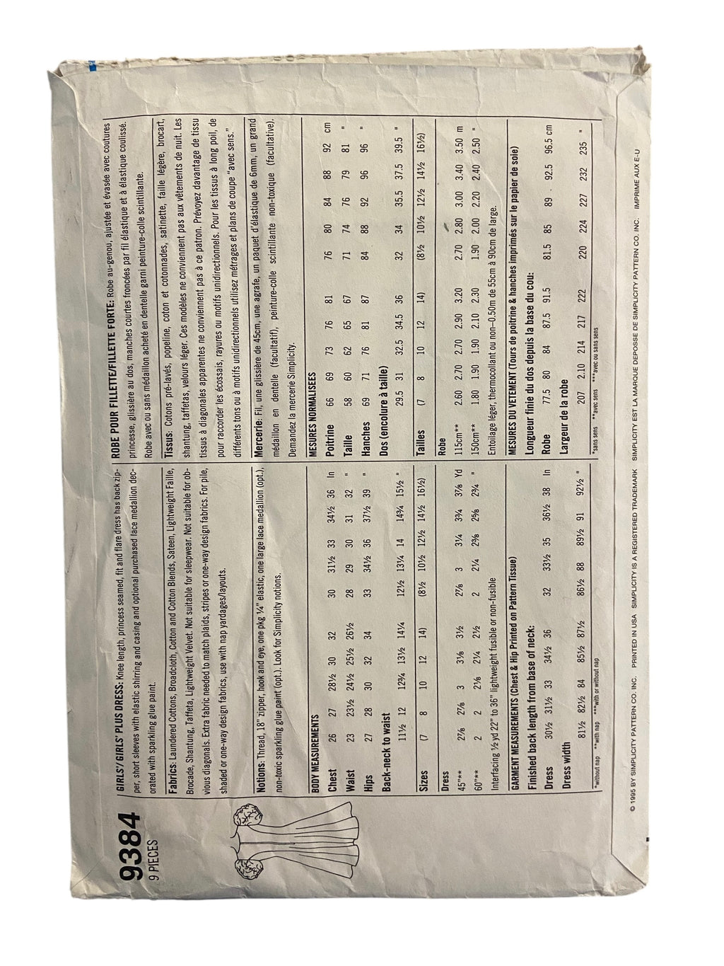 Simplicity 9384 vintage 1980s Jessica McClintock child’s party dress pattern Chest 26, 27, 28.5, 30, 32 inches