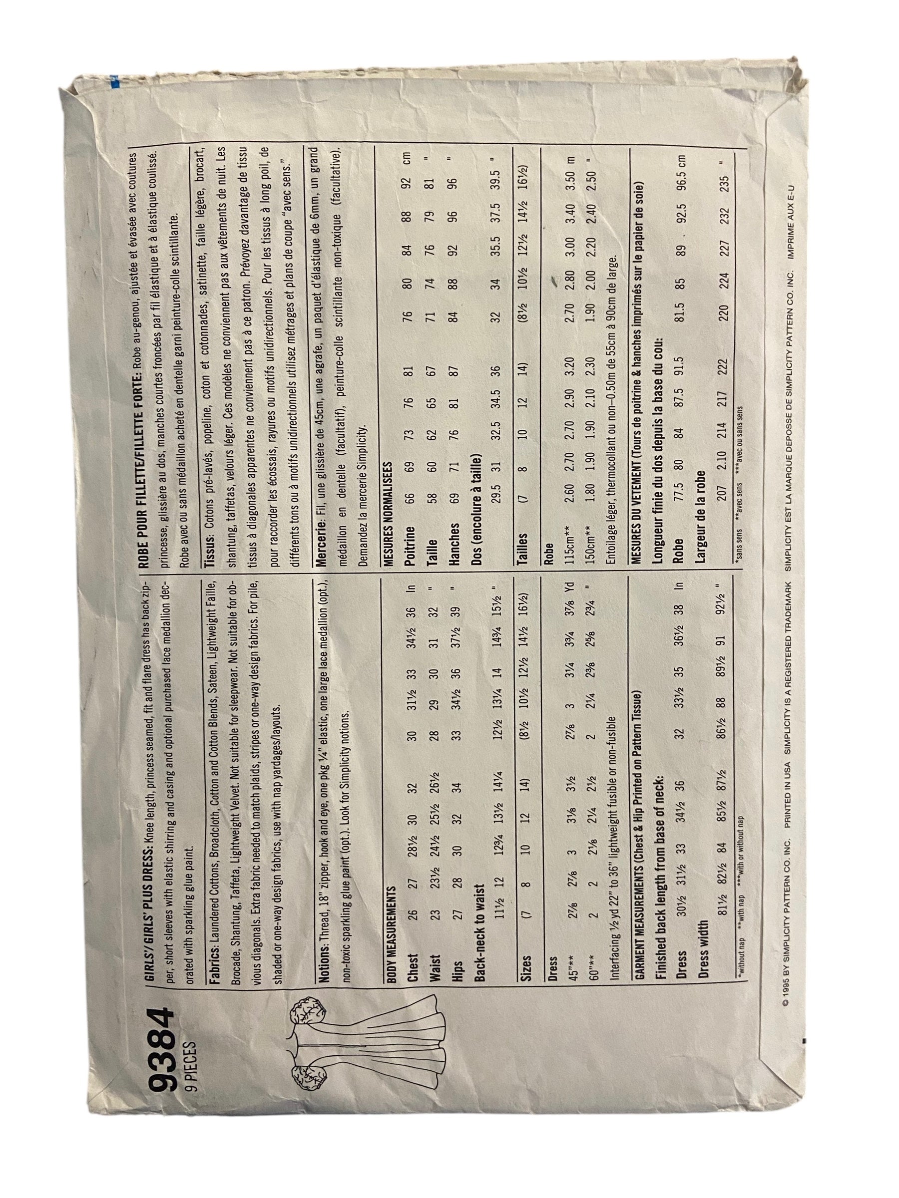 Simplicity 9384 vintage 1980s Jessica McClintock child’s party dress pattern Chest 26, 27, 28.5, 30, 32 inches